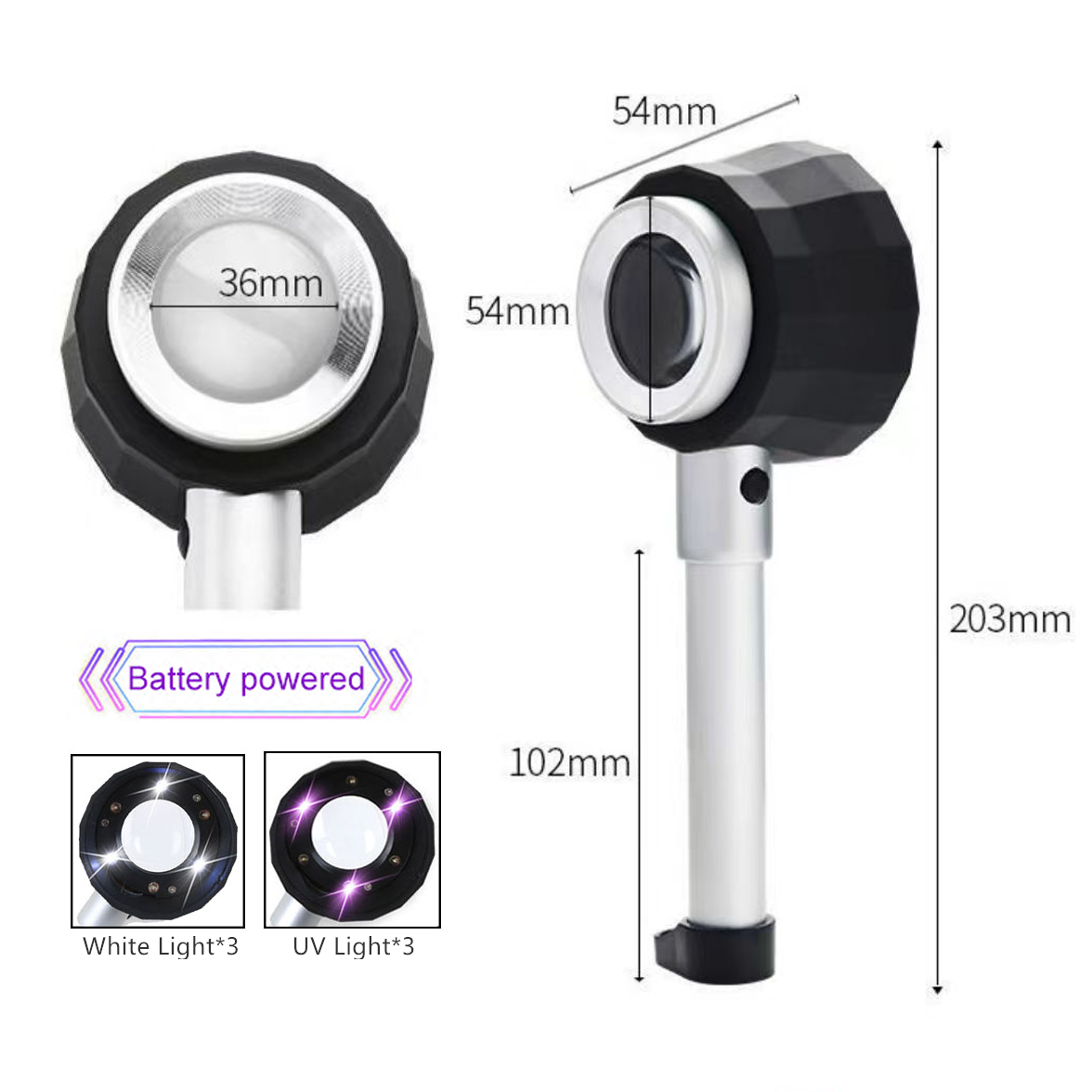 Handheld 10x Vergrootglas Loupe Led Optisch Glas Vergrootglas Met Lichtschaal Vergrootglas Sieraden Loepen Met Maatschaal: Zilver