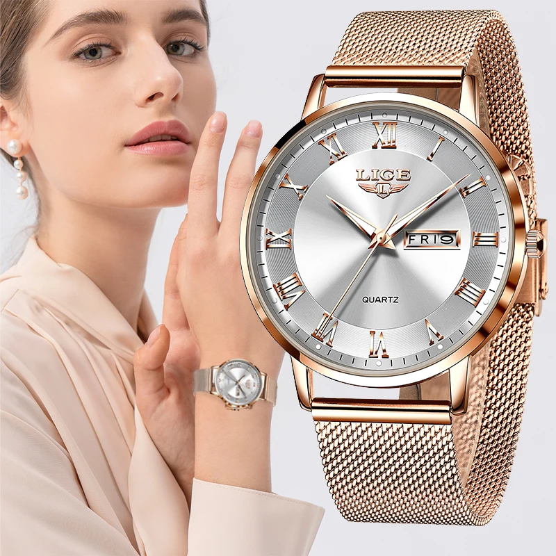 LIGE, reloj de lujo a la para mujer, resistente al agua, correa de malla de acero y oro rosa, relojes de pulsera para mujer, relojes de pulsera, reloj femenino