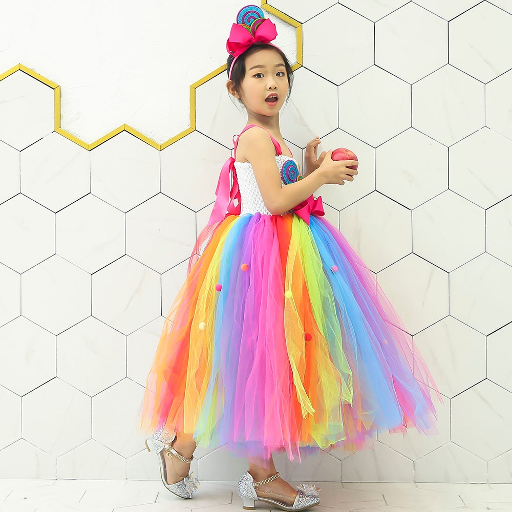 Arco Iris dulce caramelo Hada disfraz de cumpleaños niños Piruleta de arcoíris flor arco tutú vestido y Diadema para carnaval de Mardi Gras