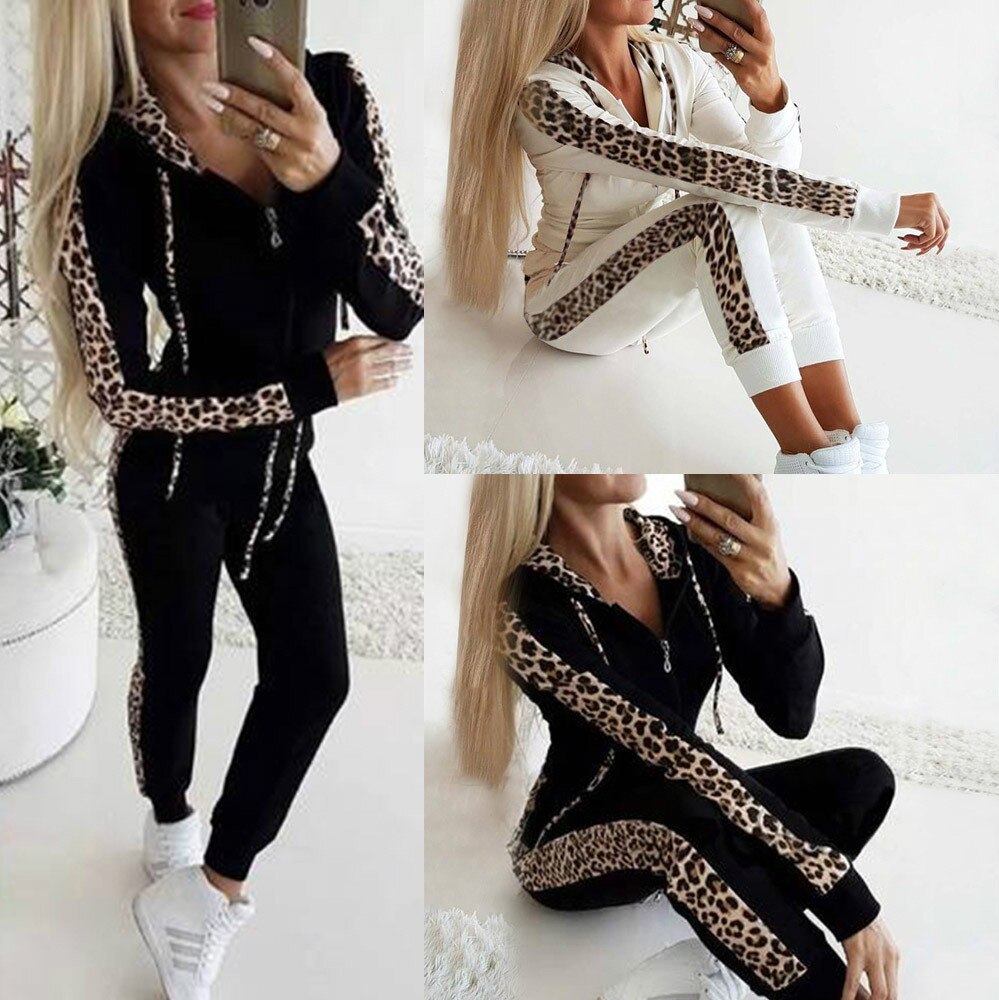 Women Autumn Winter Keep Warm Outdoor Running Suits 2pcs Sports Tracksuits Leopard Patchwork Hooded Zip Jacket Pants Fitness Set