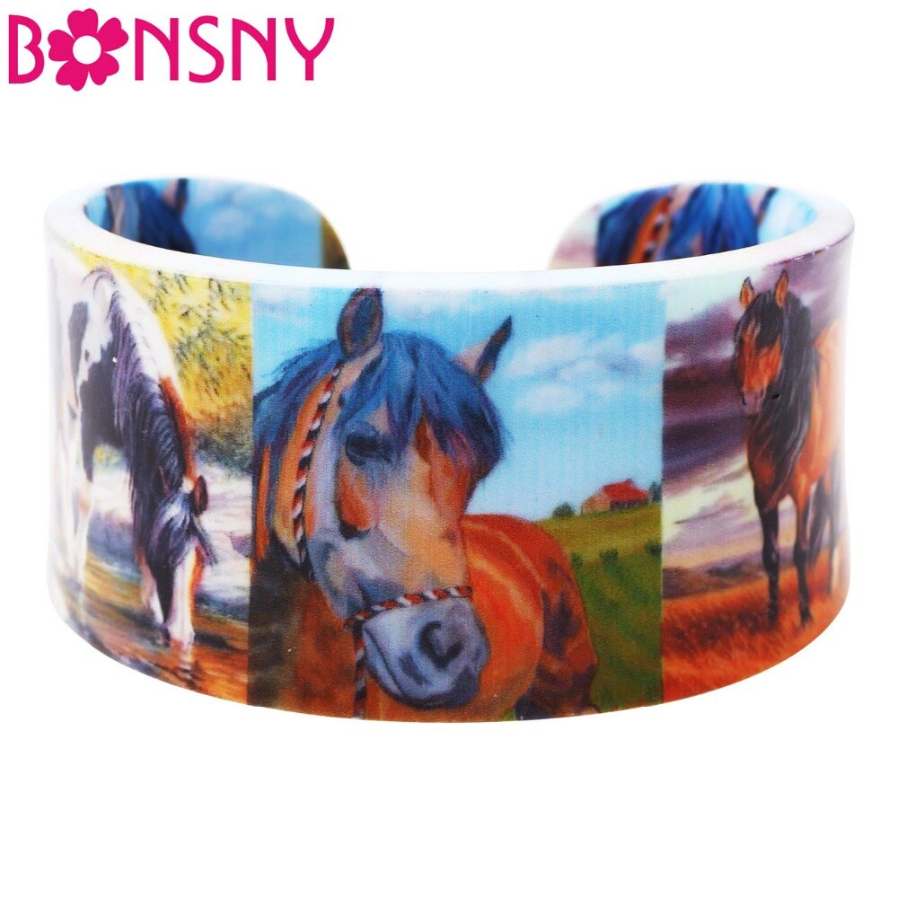 Bonsny Kleurrijke Liefde Breed Paard Armbanden Armband Dier Sieraden Voor Vrouwen Arcylic bangle Lente Zomer Accessoires