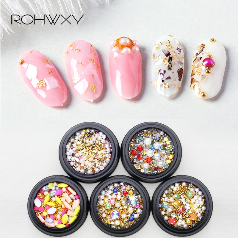ROHWXY 1 Doos 3D Nail Art Decoraties Voor DIY Onregelmatige Glitter Steentjes Voor Nail Mix Shell Parel Nail Art Legering accessoires