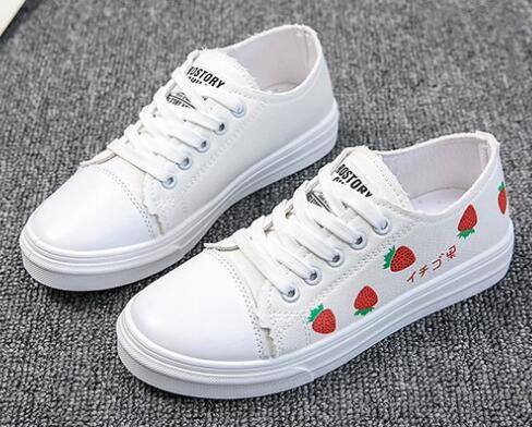 Autumn spring white shoes women flat bottom lace-up rubber strawberry canvas shoes students casual shoes women C593: 1 / 35