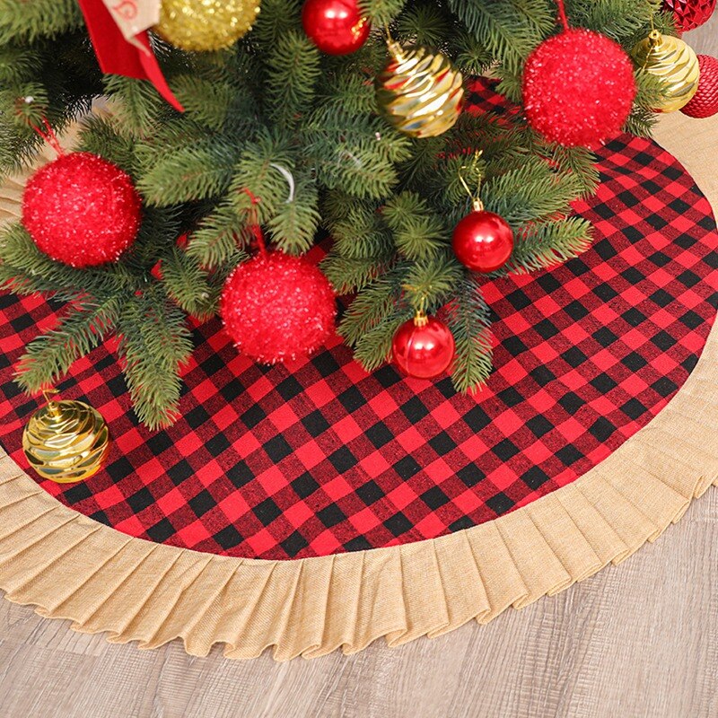Jupe d&#39;arbre plissée en tissu écossais noir et rouge, ornements de noël, 48 pouces, bas de jupe d&#39;arbre de noël