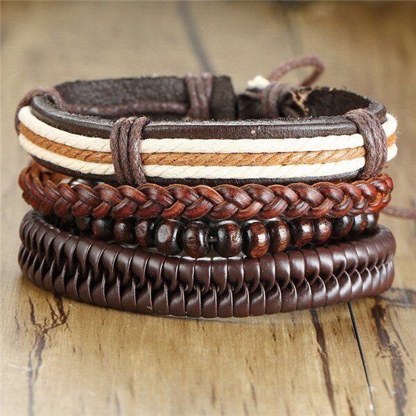 ZORCVENS 4 pieces/ Set Leather Bracelets for Men Braided Rope Wristband Vintage Style Male Bangle: 83351