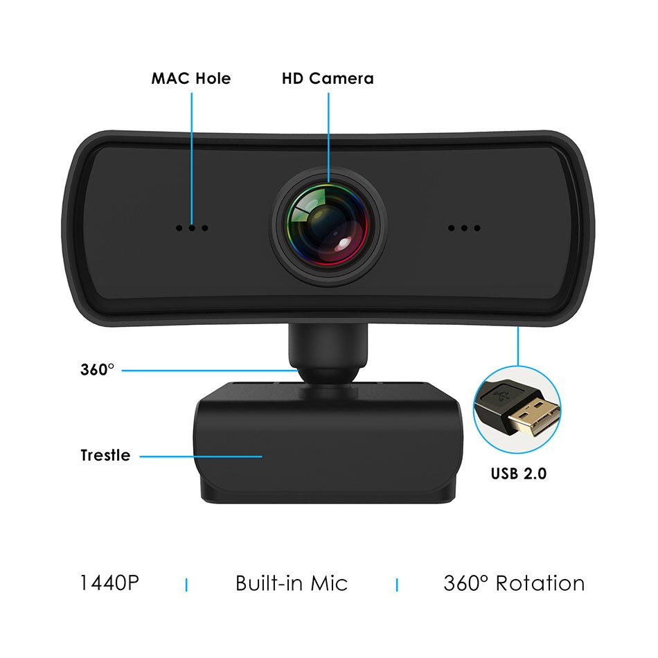 2k webcam usb kamera 2560 x 1440p ultra hd webcamera indbygget mikrofon 360 rotations pc kamera til videoopkald til windows mac