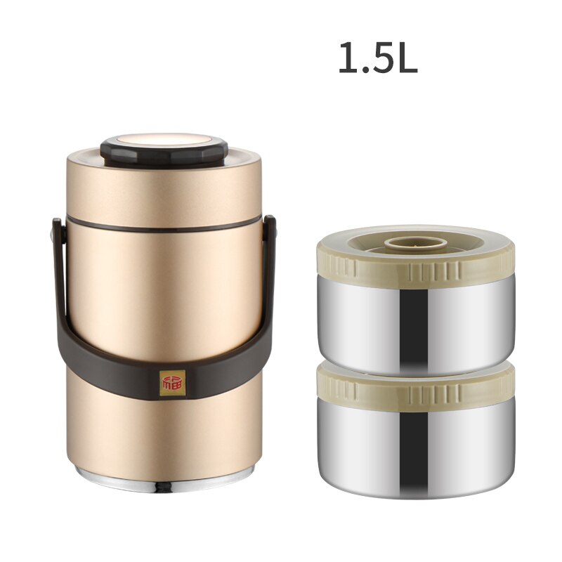 Portable Large Capacity 304 Stainless Steel Vacuum Insulation Bento Lunch Box Leak-Proof Food Storage Container Outdoor Thermos: Golden-1.5L