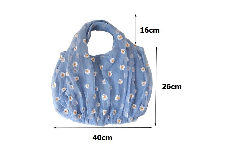 Summer mesh embroidery small daisies women handbag Cute shopping bag big tote bag Flowers Shoulder Bags blue