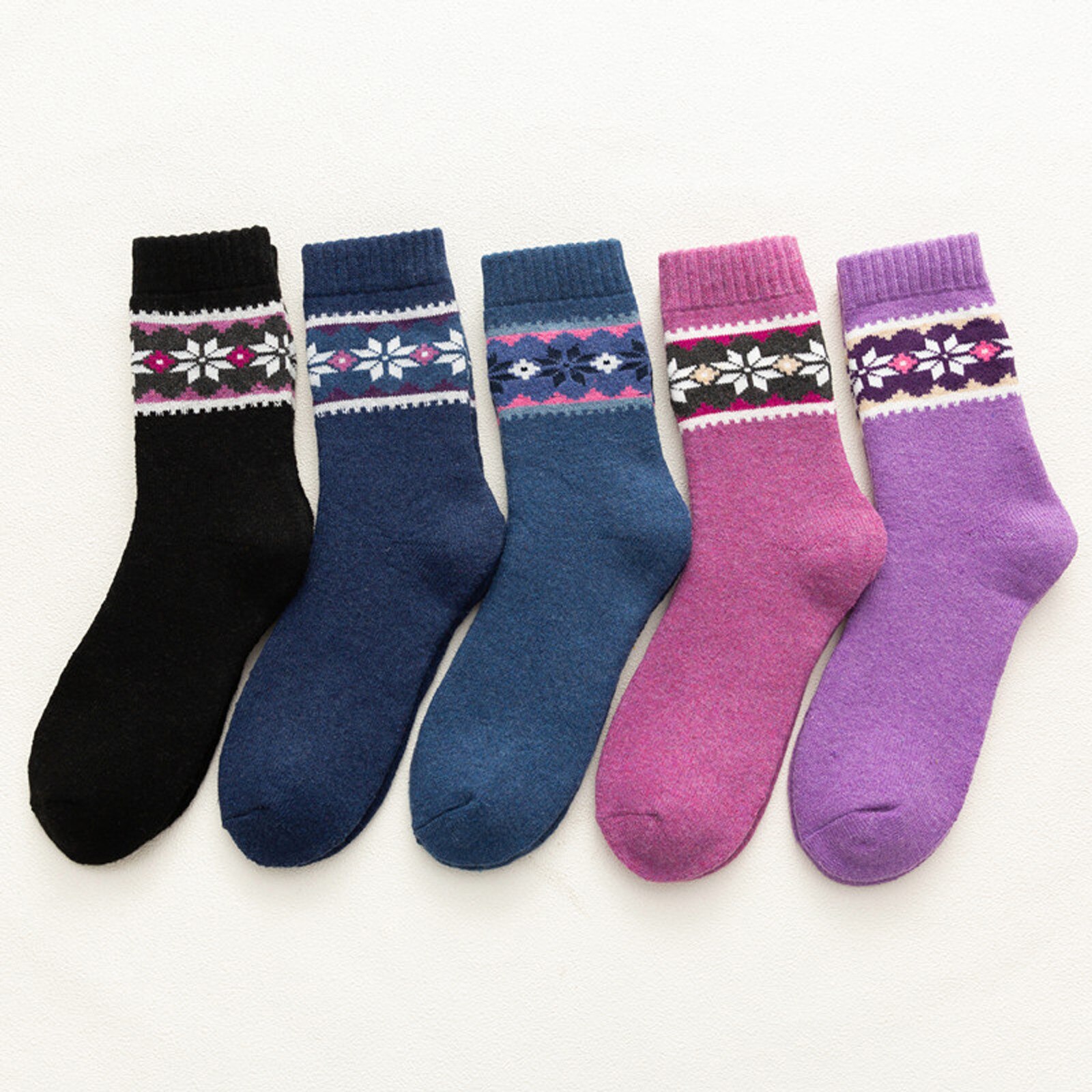 5 Pack frauen Socken Vintage Winter Weiche Atmungsaktive Baumwolle Weibliche Socken Dicker Anti-slip Warme Kalten Stricken Wolle boden Socken