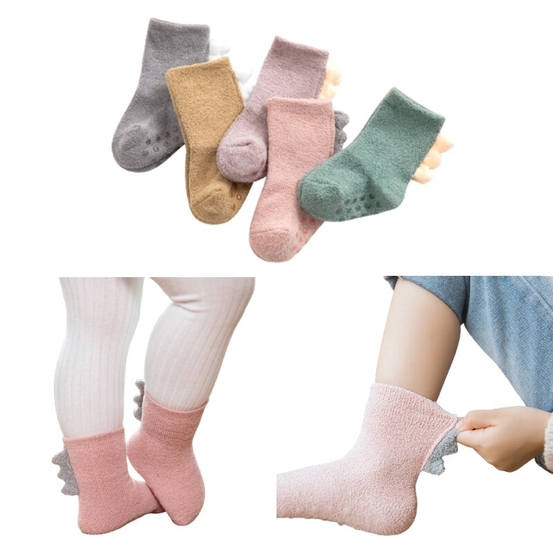 Winter Warm Coral Fleece Baby Socks Soft Thicken Terry Toddler Socks Cute Cartoon Dinosaur Infant Non-slip Floor Sock Boys Girls