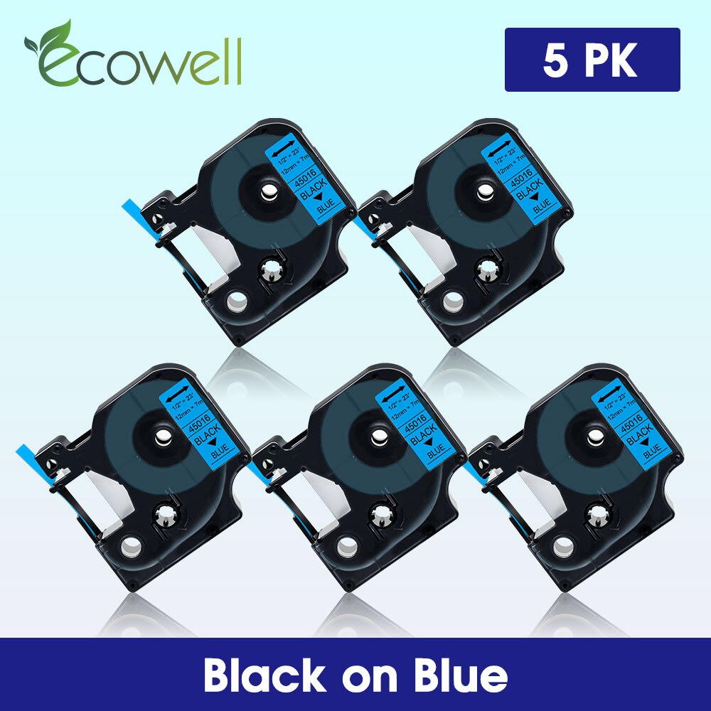Ecowell 5PK 45016 12Mm Tape Voor Dymo D1 Label Tapes D1 45016 Zwart Op Blauw Voor Dymo Labelmanager 160 280 210D 420P Label Maker