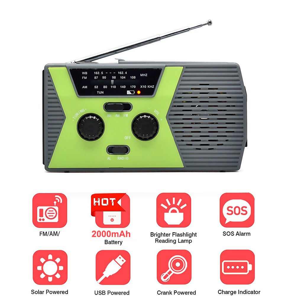 Manovella solare portatile Radio 2000mAh AM FM emergenza lampada da lettura multifunzionale torcia SOS allarme energia di ricarica solare: Green EU