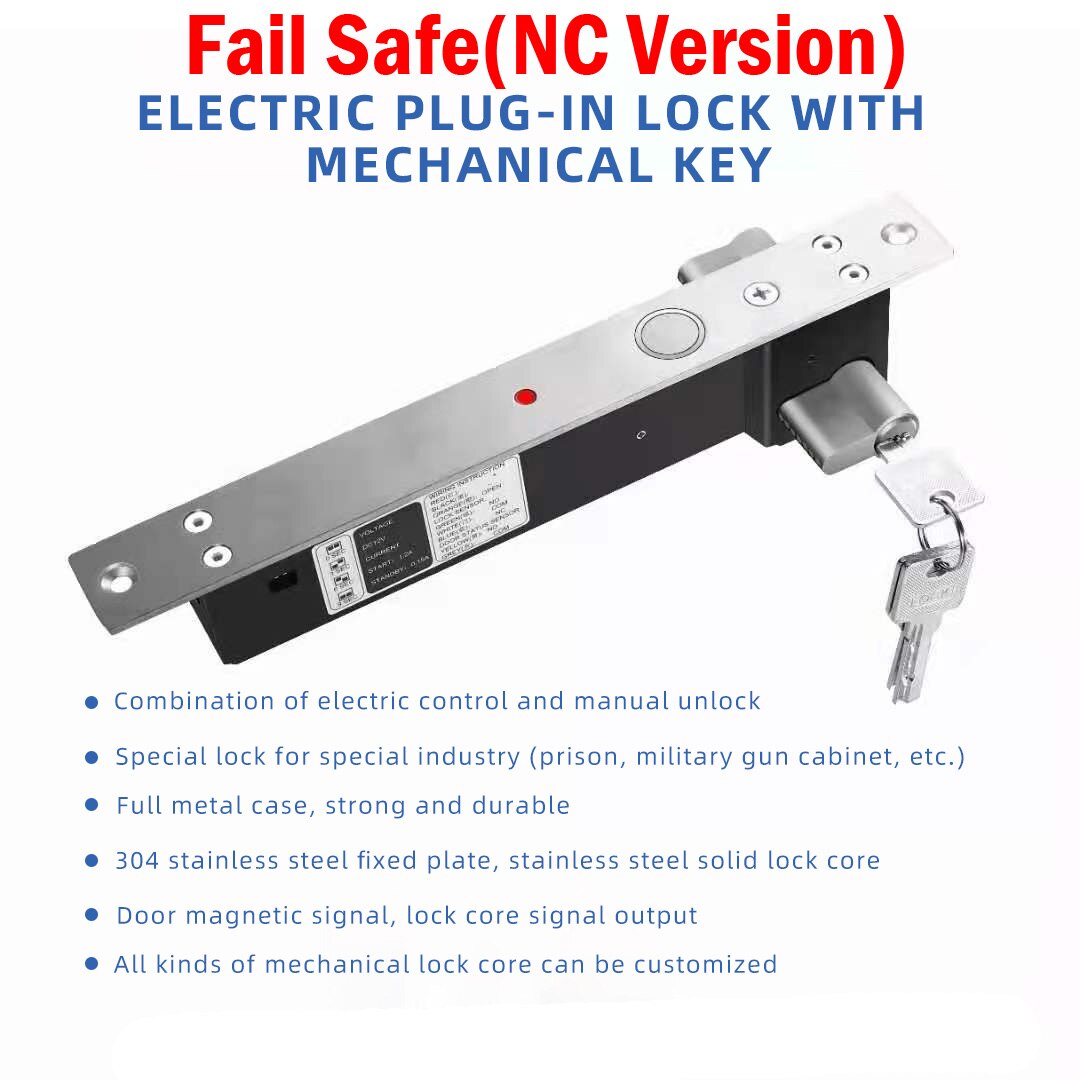 DC 12V Electric Bolt Lock With Mort Lock Cylinder Mechanical Key Electric Mortise Bolt Lock Fail Safe Fail Secure: Fail safe Version
