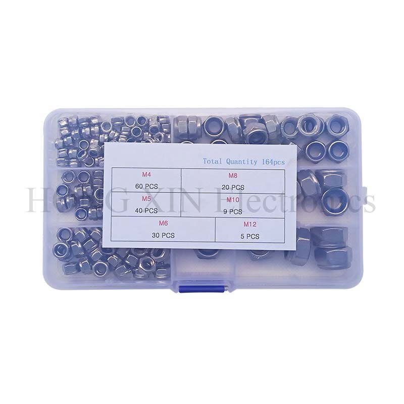 Tuerca de seguridad autoblocante de acero inoxidable, Kit surtido de tuercas hexagonales de nailon, m3 m4 m5 m6 m8 m10 m12, 164 Uds.