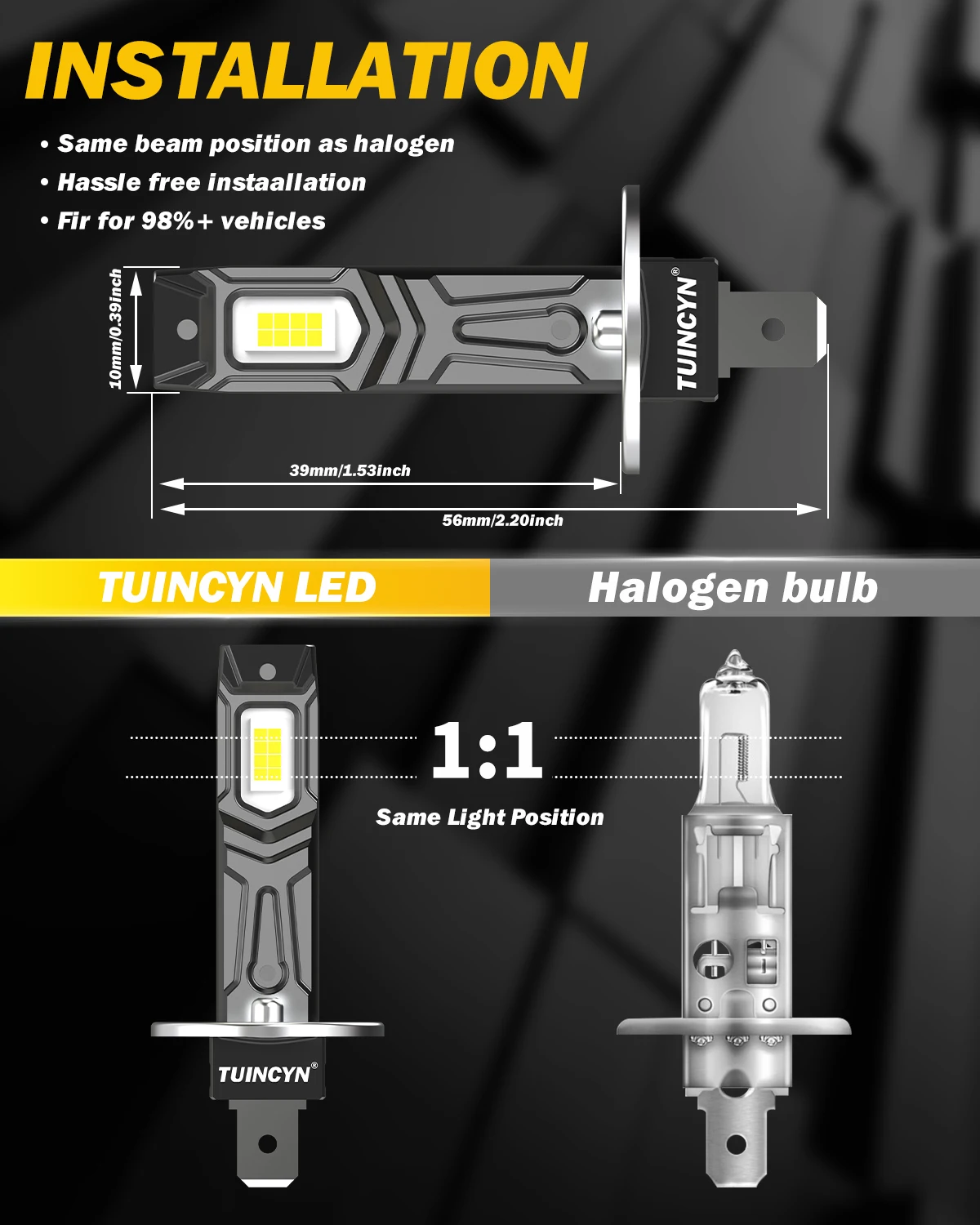 2 st. led-lampor med  h1 socklar för bil,  of 2 , - pack superljusa högpresterande 1:1 -ljus, imfria varningslampor med plug and play-funktion.