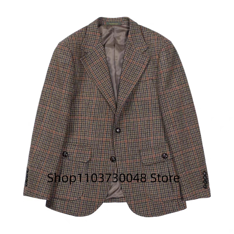 Braune Hahnentritt-Anzugjacke für Herren, Wollblazer, Smoking-Mantel für Abschlussball, Party, einreihig, zwei Knöpfe, Business-/Hochzeitsjacke