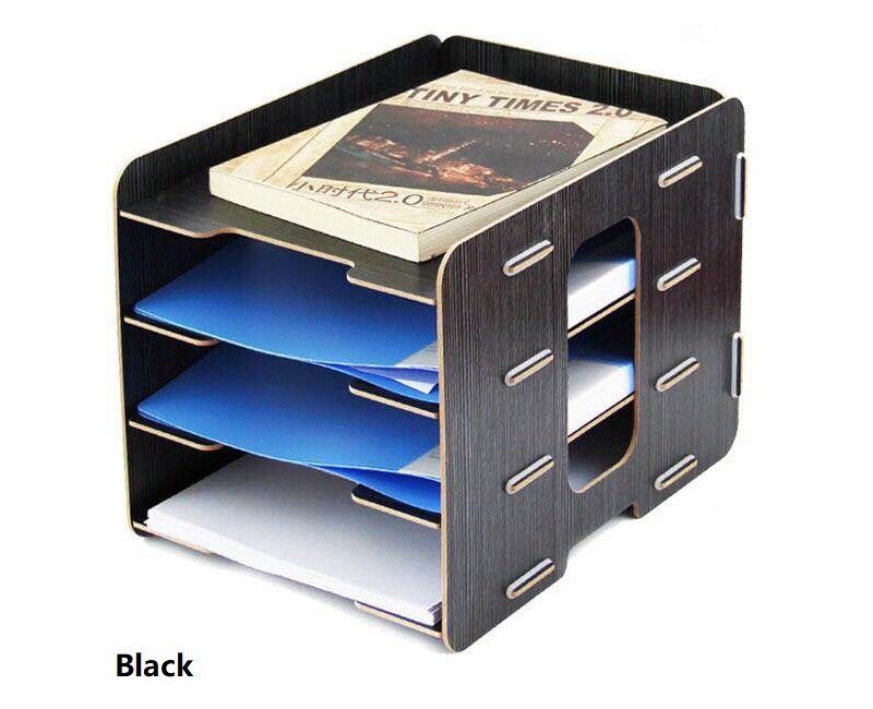 4-Tier Office Wooden File Organizer Paper Tray for File Document Letter Mail Sorter Envelope Magazine Holder, Assembly Required: Black