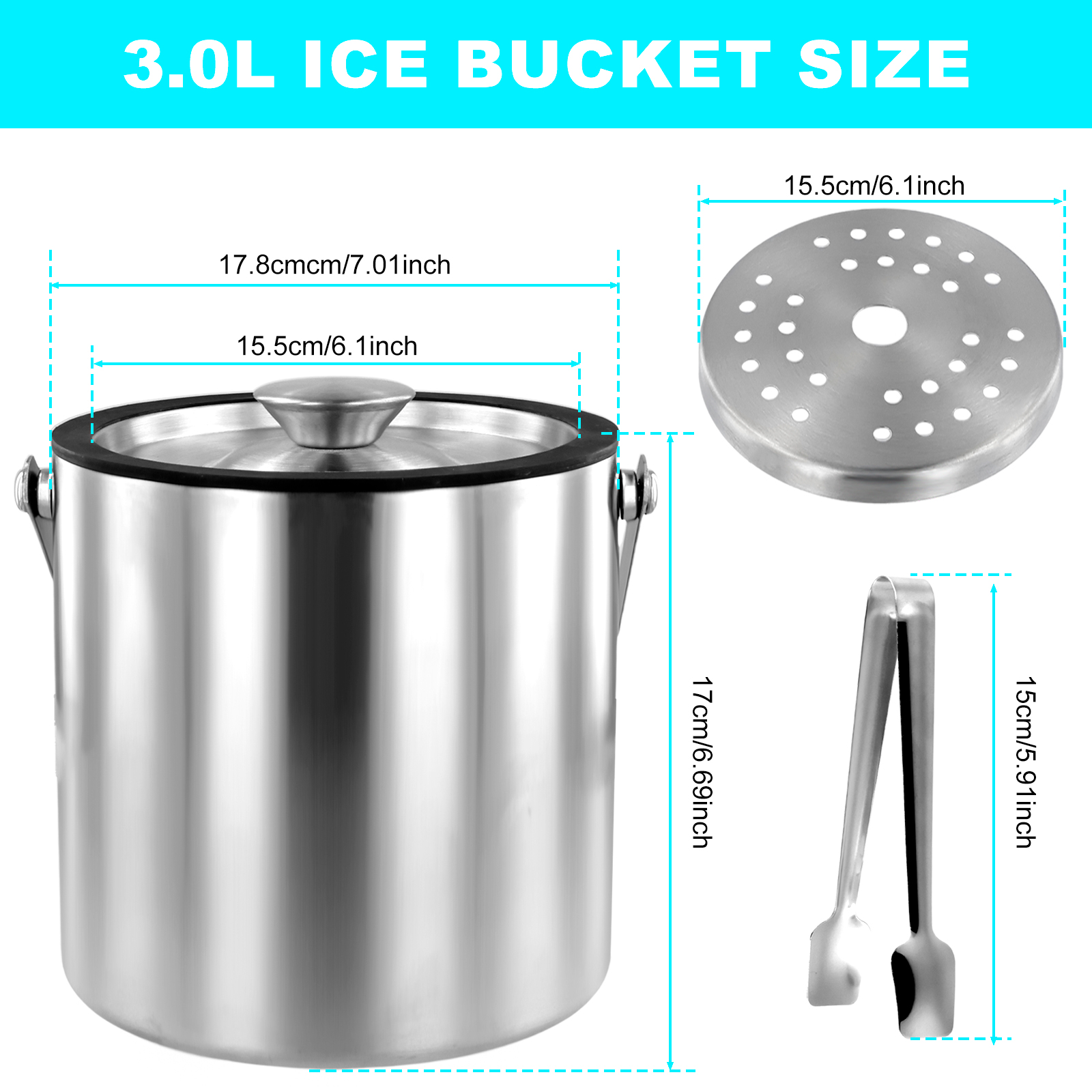 Cubo de hielo de acero inoxidable de doble pared, cubos de cerveza de champán aislados para bares, clubes nocturnos, contenedor de hielo para fiestas nocturnas, 2/3L