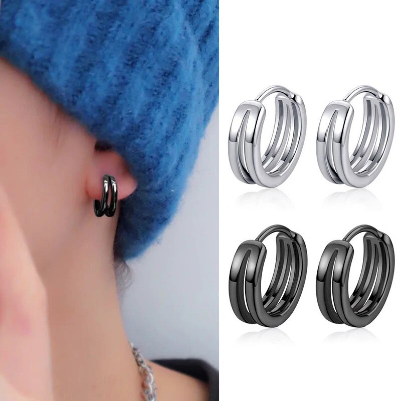 1 Pair Hollow Double Ring Small Hoop Earrings For Men Women Trend Black Silver-color Hip Hop Party Gothic Ear Jewelry