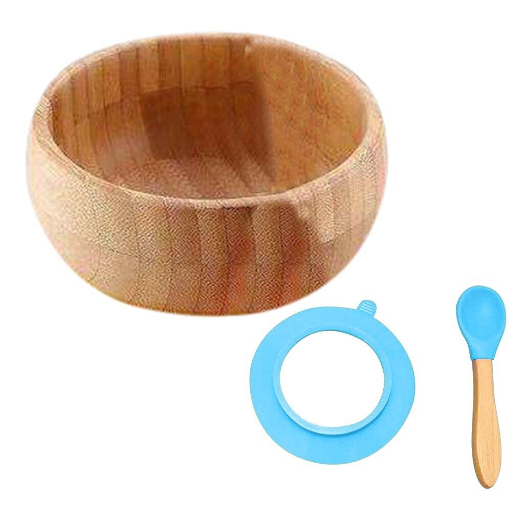 Baby børneservise sæt runde bambus skål silikone ske sæt skridsikker sugekop fodring skål til børn køkken bestik sæt: Blå