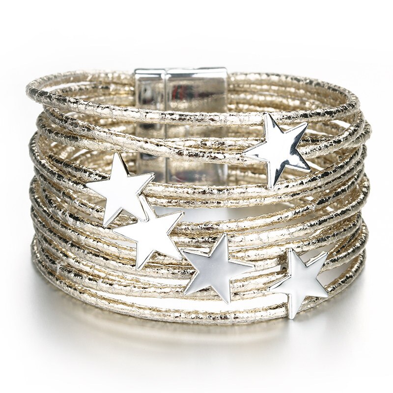 Allyes Bohemian Lederen Armbanden Voor Vrouwen Mode Pentagram Metalen Charm Boho Multilayer Wrap Armband Femme Sieraden: Gold