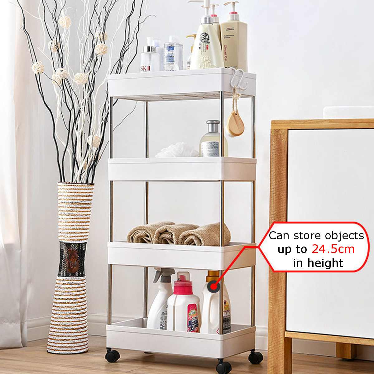 4 Layer Gap Kitchen Storage Rack Slim Slide Tower Movable Assemble Plastic Bathroom Shelf With Wheels Space Saving Organizer