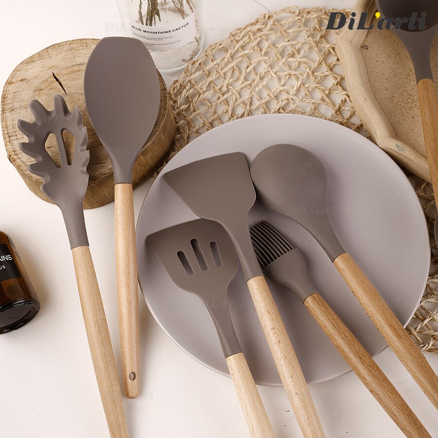 Juego de cocina de silicona antiadherente, resistente al calor, fácil de limpiar, de madera maciza, mango de madera de haya, juego de espátulas