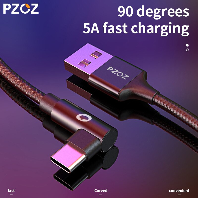 PZOZ 5A usb c kabel usb typ C 90 stopni szybkie ładowanie dla Huawei P20 P10 kumpel 20 zawodowiec 10 Nova 2s ładowarka usb-c Duńczyk rodzaj-c przewód