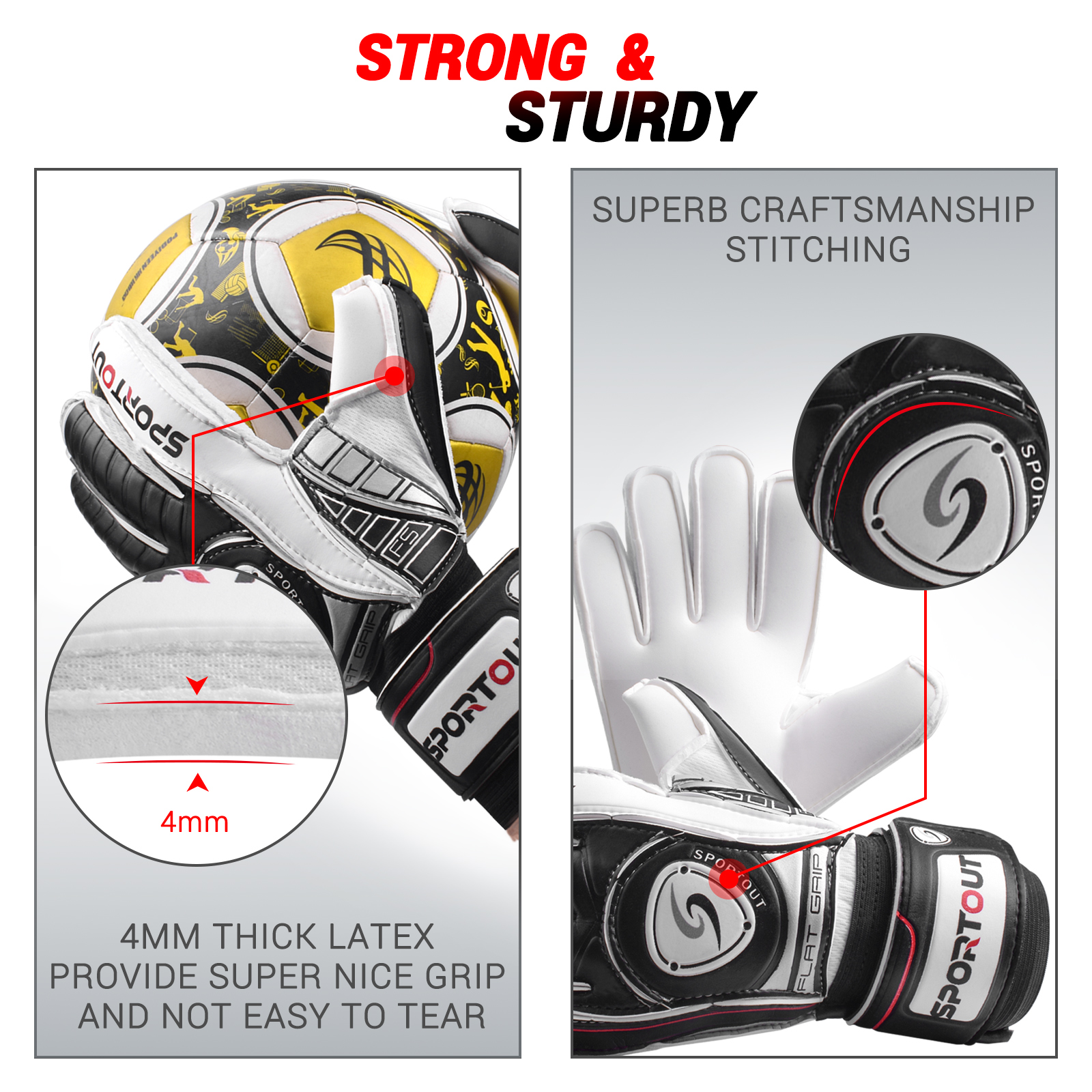 Sportout Torwarthandschuhe, Torwarthandschuhe mit Fingersave, Fußballhandschuhe, atmungsaktive Fußball-Torwarthandschuhe, 4 mm Latex