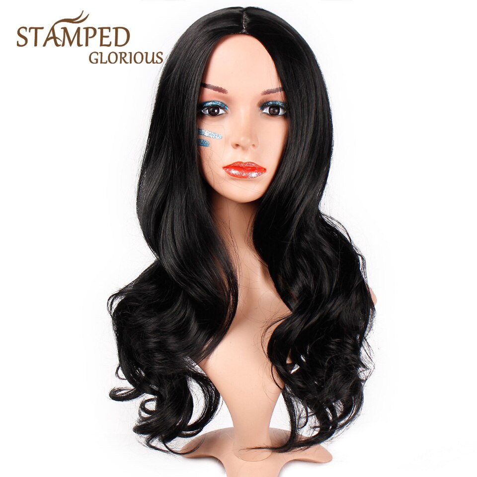 Stamped Glorious-peluca larga de 24 pulgadas para mujeres negras, pelo de fibra resistente al calor, con ondas al agua y parte media