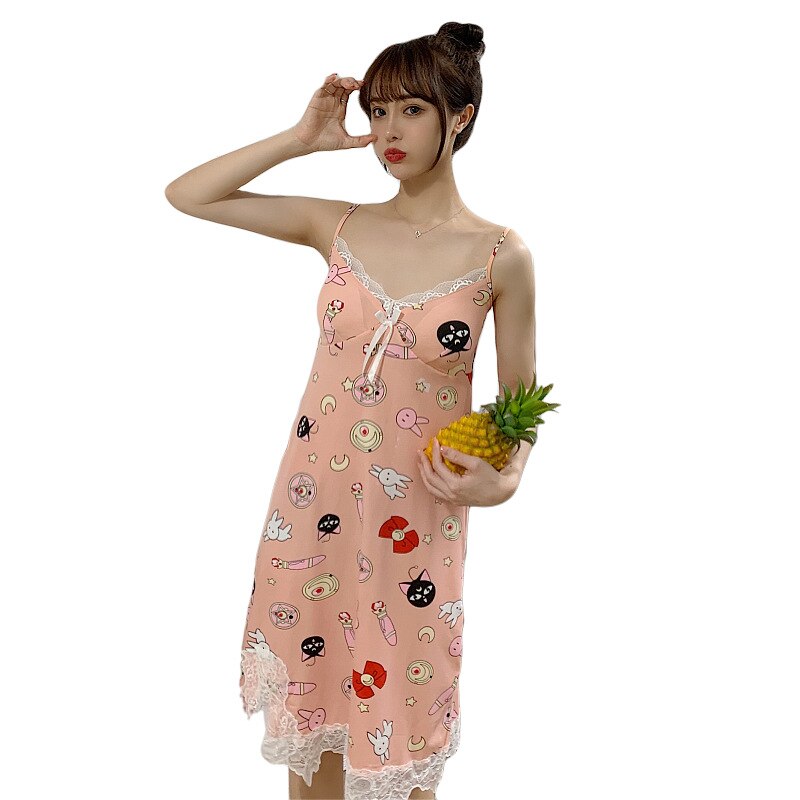 Sling Rok + Bh Nachtjapon Vrouwelijke Zomer Kant Sexy Nachtjapon Vrouwen Nachtkleding Koreaanse Homewear Nachtkleding Slaap Tops Cartoon