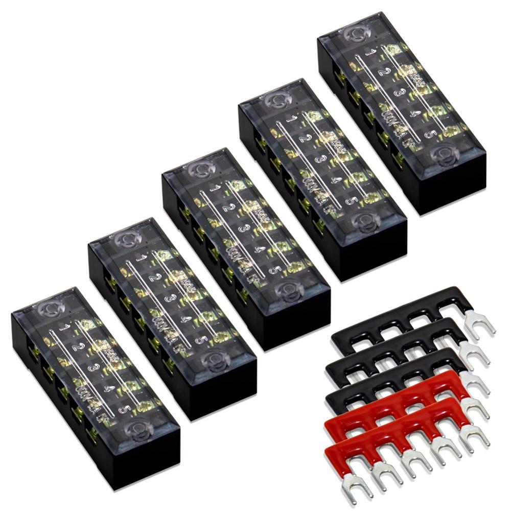 Terminal Block 8 Positions 600V 25A Dual Row Screw Terminals Strip Cover 400V 25A Pre-Insulated Terminal Barrier Jumper Strips: 15A 5P 5pcs Jumpers