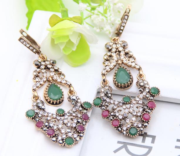 Indian Women Hollow Flower Jewelry Sets Round Resin Bangle Long Antique Hook Dangle Earrings Ethnic Bracelet Cuff: 4042GREEN