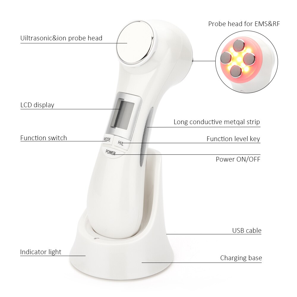 6 in 1 LED RF Photon Therapy Facial Skin Lifting Rejuvenation Vibration Device Machine EMS Ion Microcurrent Mesotherapy Massager