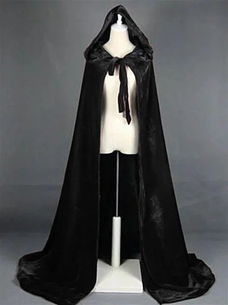 Hooded Cloak Long Velvet Cape Robe Green Black Red Halloween Carnival Purim Coats Medieval Witch Wicca Vampire Costume For Adult: XS（old） / black