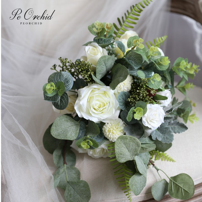 PEORCHID Tuin Stijl Bruidsboeket Rose Bloemen Kunstmatige Bruids Boeket Boho Bruidsboeket Real Touch Eucalyptus Boeket