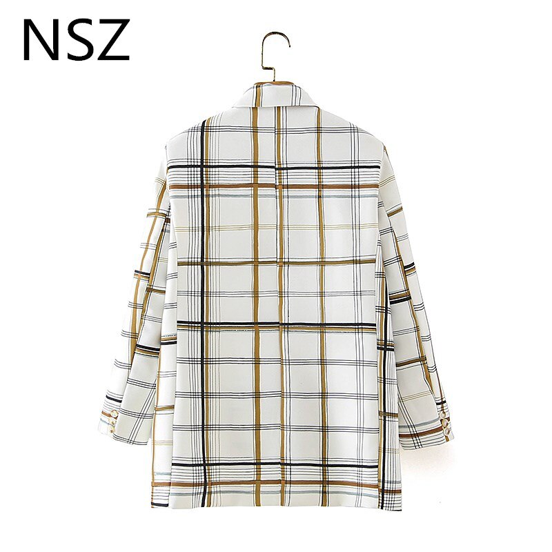 Nsz kvinder oversize hvid plaid dobbeltradet blazer kontorarbejde forretning formel ternet jakke jakkesæt frakke efterår outwear