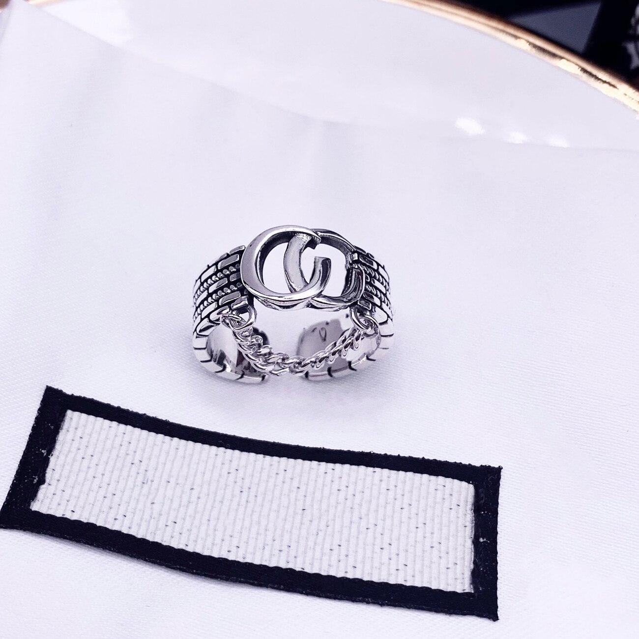 Luxus Geschnitzte Streifen doppel G Quaste Kette 925 Sterling Silber Offenen Ring Jahrgang männer der Ring Feine schmuck: Ursprünglich Titel