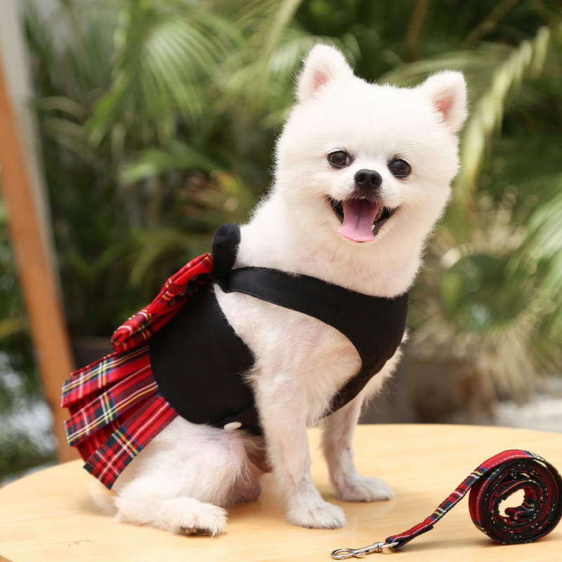 Vestidos para perro o mascota, conjunto de arnés y correa con lazo bonito, ropa de verano a cuadros con anilla para correa para perros pequeños y medianos
