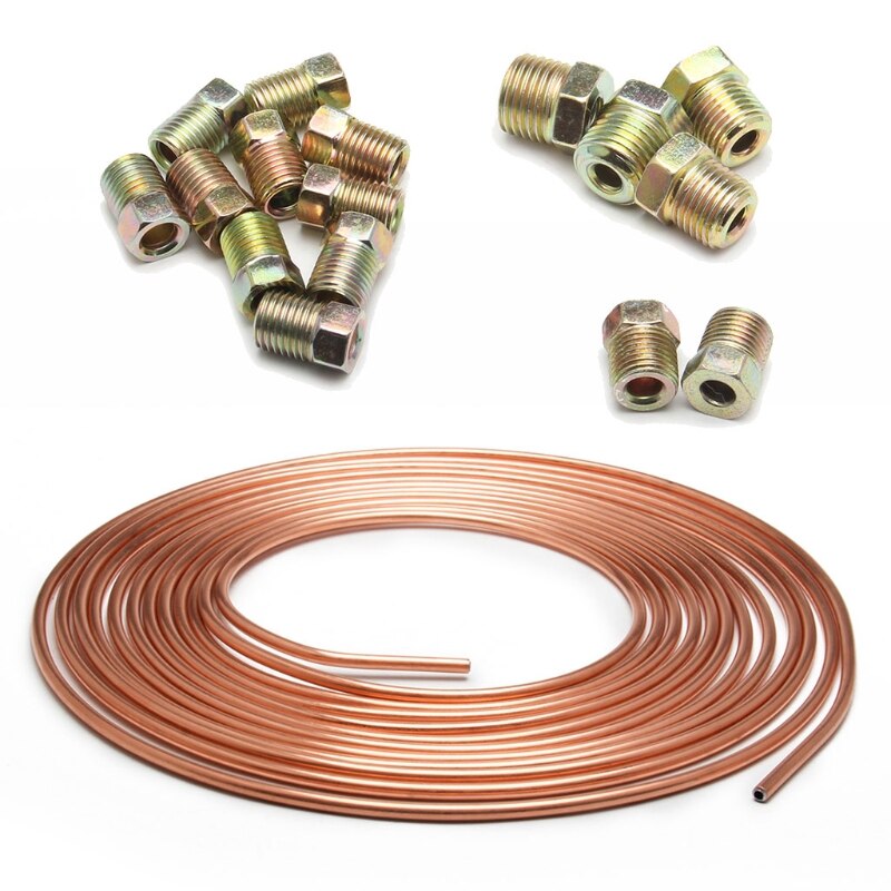 25 Ft 3/16" OD Copper-Nickel Brake Line Tubing Coil and Fitting Kit Universal Car SAE brake line fittings