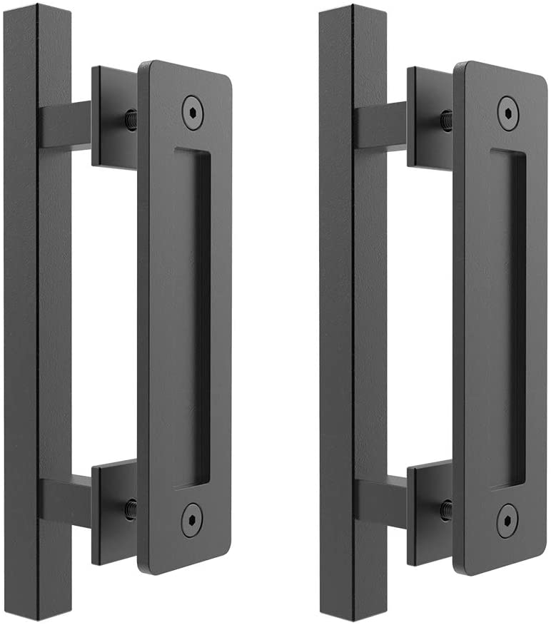 Gifsin 12" Heavy Duty Barn Door Pull Handle Square Shape Flush Pull Handle Set Carbon/Stainless Steel Door Hardware: 2 packs Black