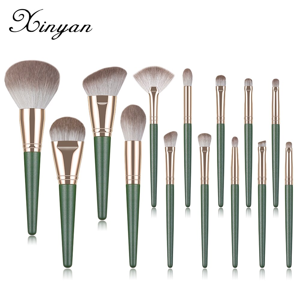 XINYAN 14pcs Makeup Brushes Set Eyeshadow Powder Green Matte Wood Handle Concealer Cosmetic Eyebrow Beauty Tool