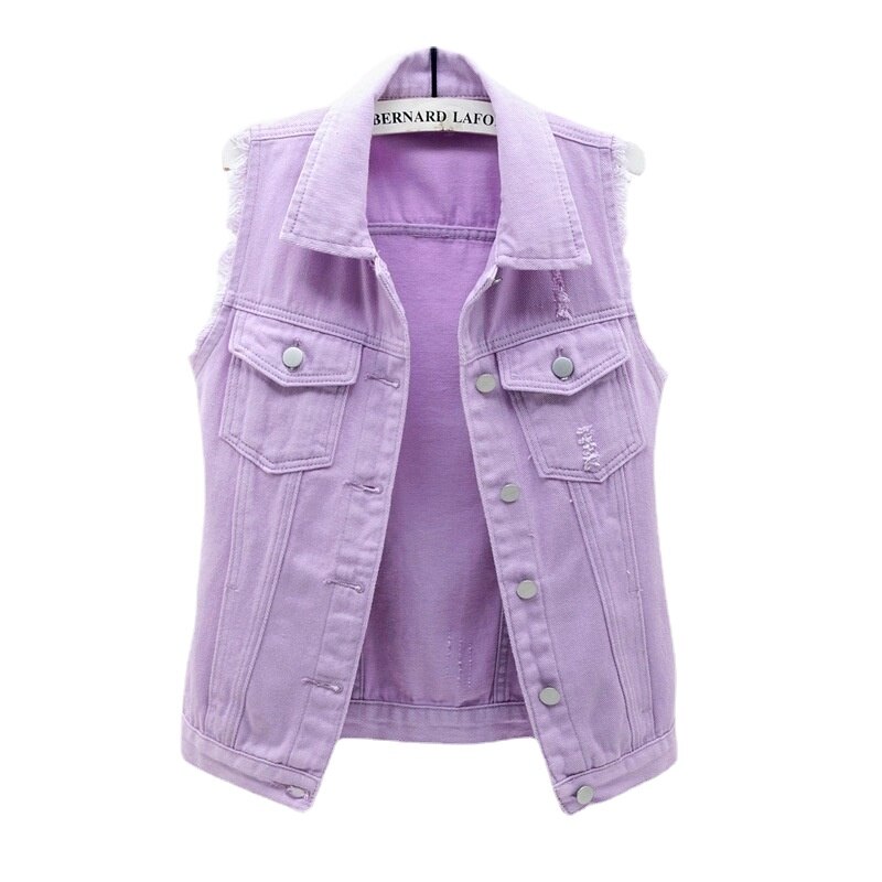 Lila ärmellose Jeansjacke Damen Sommermode einreihige Jeansweste Mantel Vintage passende Jeanswesten Indie Weste