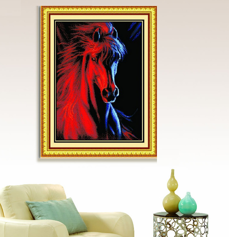 Needlework DIY Cross stitch,Embroidery kit set,Fire and ice horse animal printed pattern Cross-Stitch Wall Home Decor