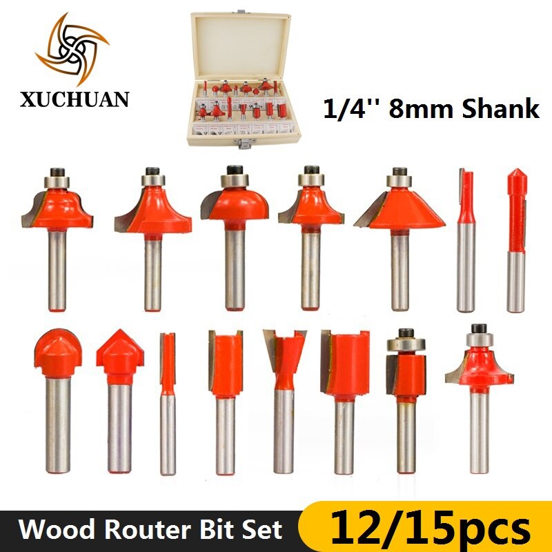 Carbide Router Bit Kit Wood Milling 6 Bearing Tungsten Cutting Router Set Tools 15pc For Woodworking Engraving Slot Trim Cutter