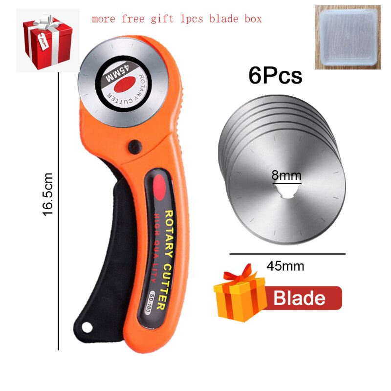LeatherCraft 45mm Rotary Cutter Leather Cutting Tool Fabric Cutter Circular Blade DIY Patchwork Sewing Quilting Fit Olfa Cut: ORANGE with 6 blades