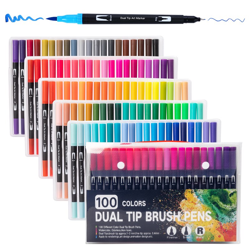 12/48/72/100 Colors FineLiner Art Marker Pens Dual Tip Manga Drawing Painting Watercolor Brush Pen School Supplies Markers 04350: 04350-100B