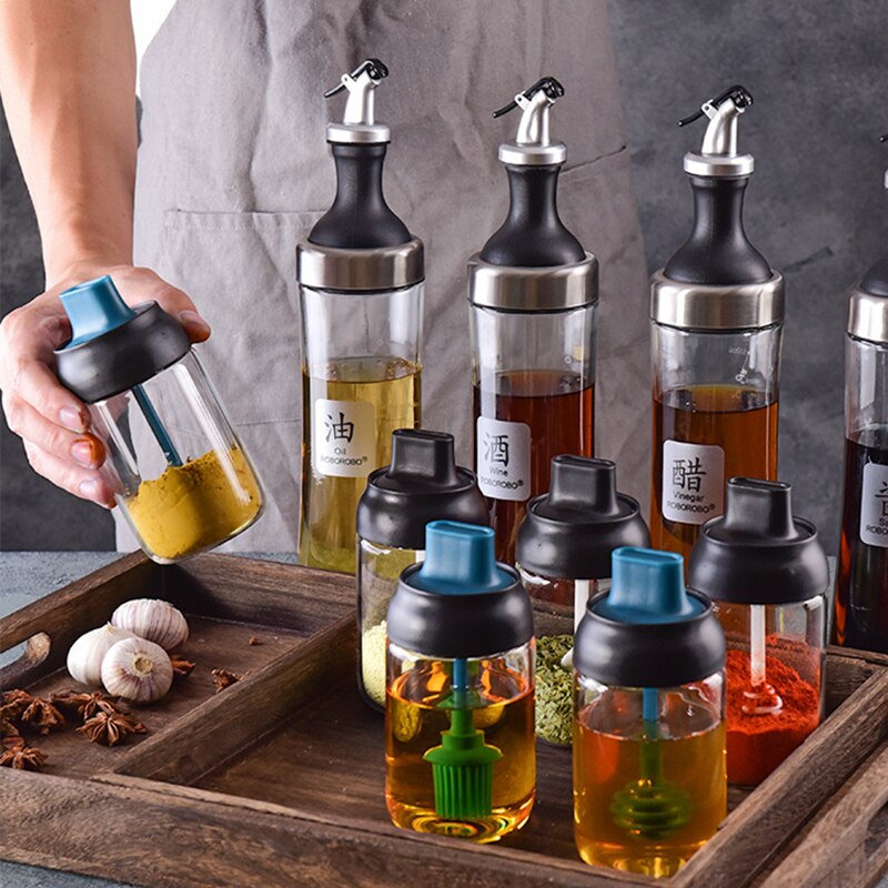Kitchen Glass Spice Jars With Lid Herbs Soy Sauce Oil Bottle With Label Paper Salt And Pepper Shakers Set Seasoning Organizer