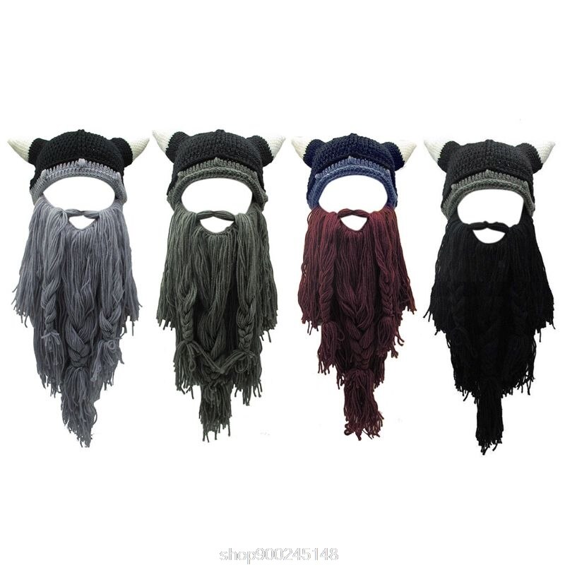Vuxen cosplay stickad vikinga skägg horn hatt skidmask barbar vagabond vintage mössa vintervärmare  n12 20