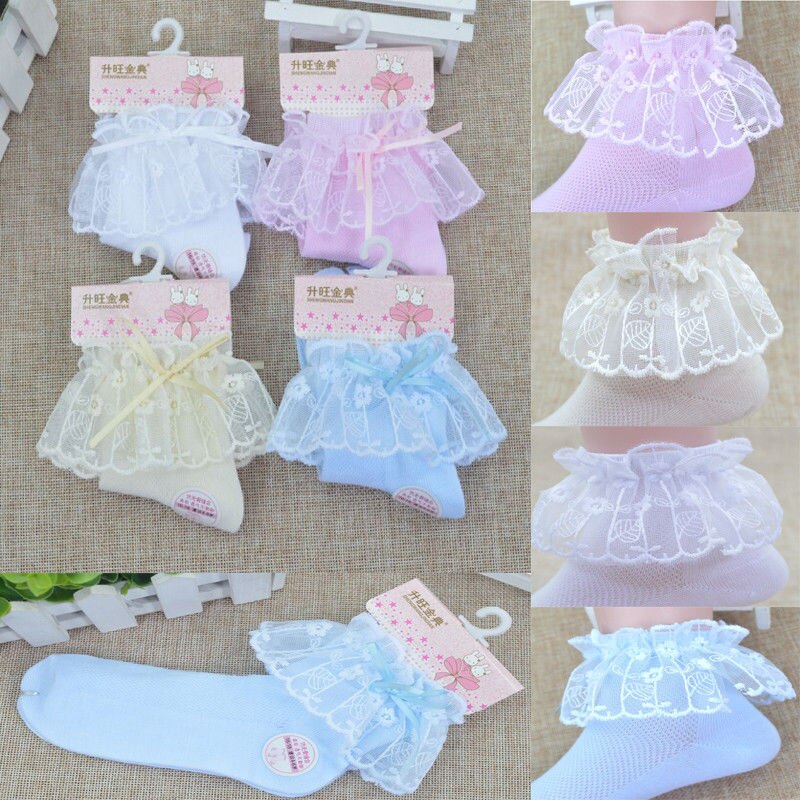 Cute Princess Girl Toddler Kids Baby Vintage Lace Bow Ruffle Frilly Ankle Socks